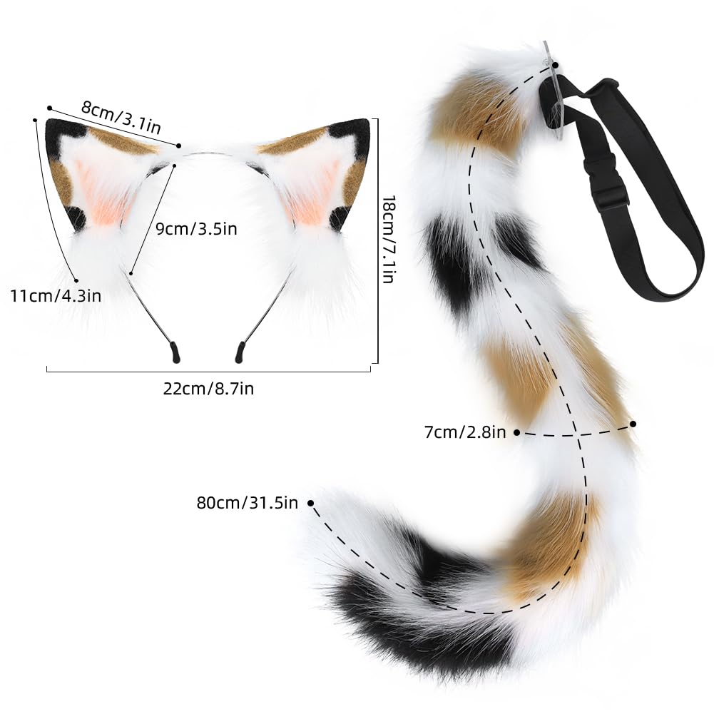 QinRuan Animal Cosplay Costume Accessories Furry Faux Fur Cat Ears Headband and Fox Tail Set Halloween Accessory