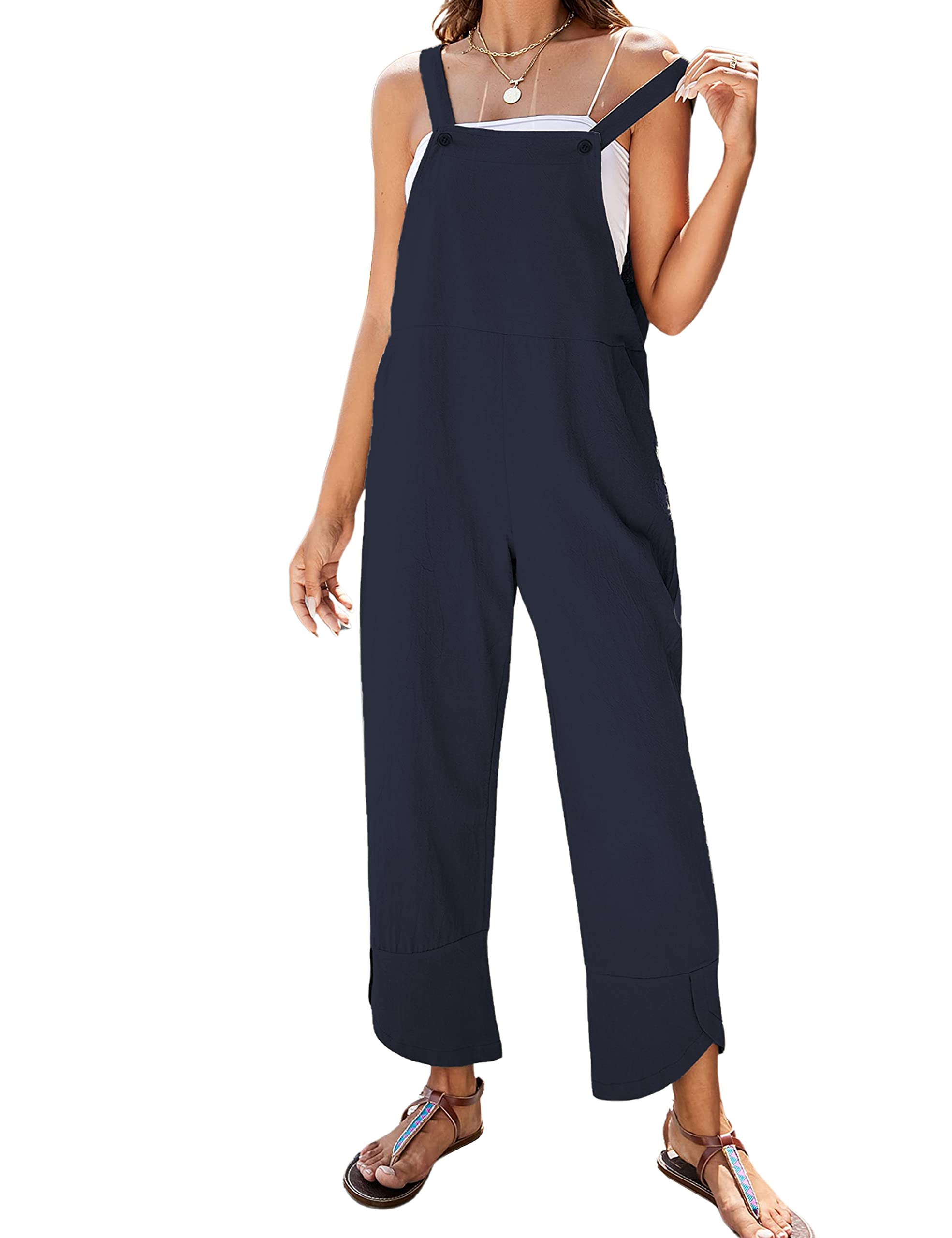 APAFES Women Summer Sleeveless Cotton Linen Bib Overalls Tulip Baggy Capri Jumpsuits with Pockets