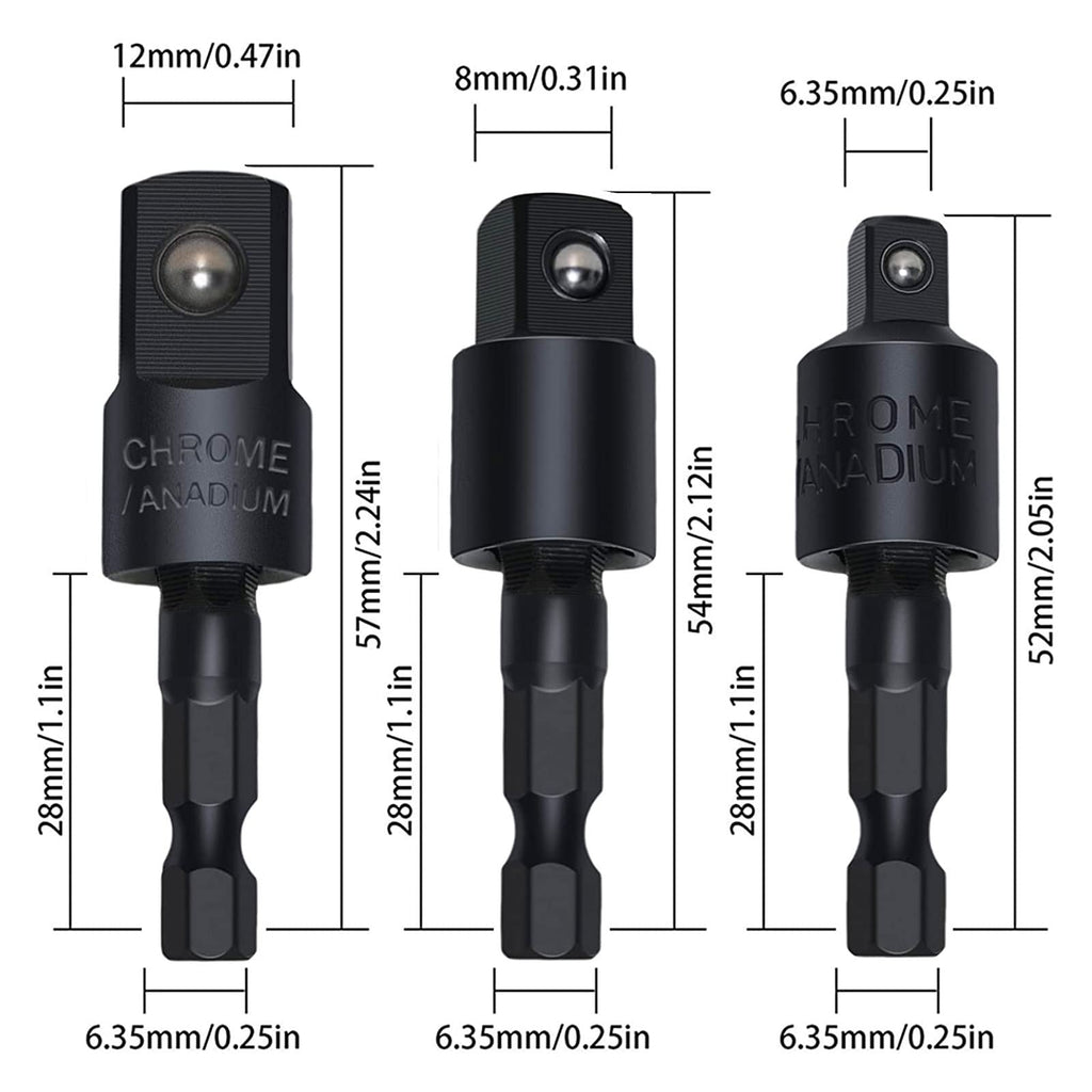 CIGOTU Impact Grade Power Hand Tools Driver Sockets Adapter Extension Set, 3Pcs 1/4 3/8 1/2" Hex Shank Drill Nut Driver Bit Set + 105 Degree Right Angle Driver Extension Screwdriver Drill Attachment