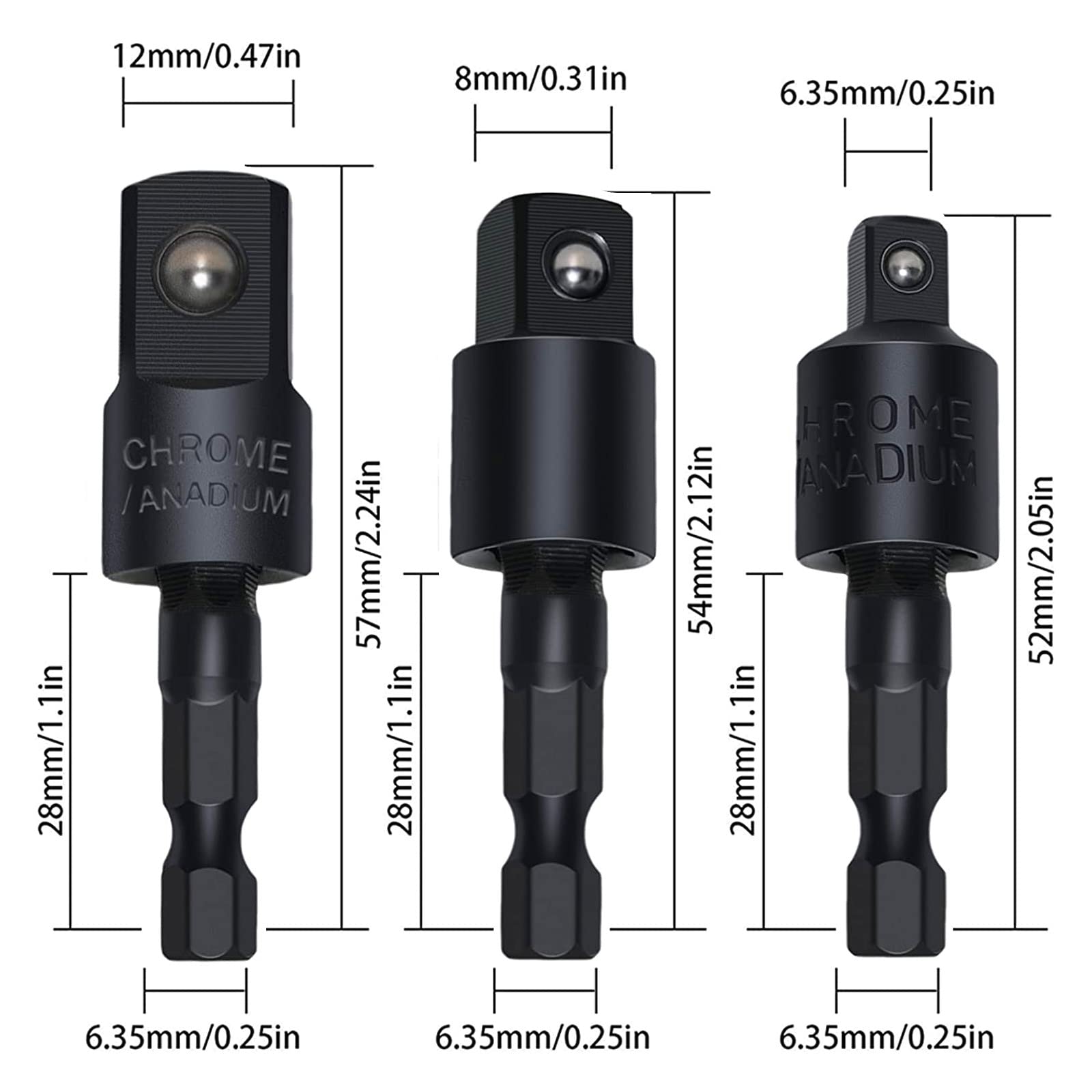 CIGOTU Impact Grade Power Hand Tools Driver Sockets Adapter Extension Set, 3Pcs 1/4 3/8 1/2" Hex Shank Drill Nut Driver Bit Set + 105 Degree Right Angle Driver Extension Screwdriver Drill Attachment