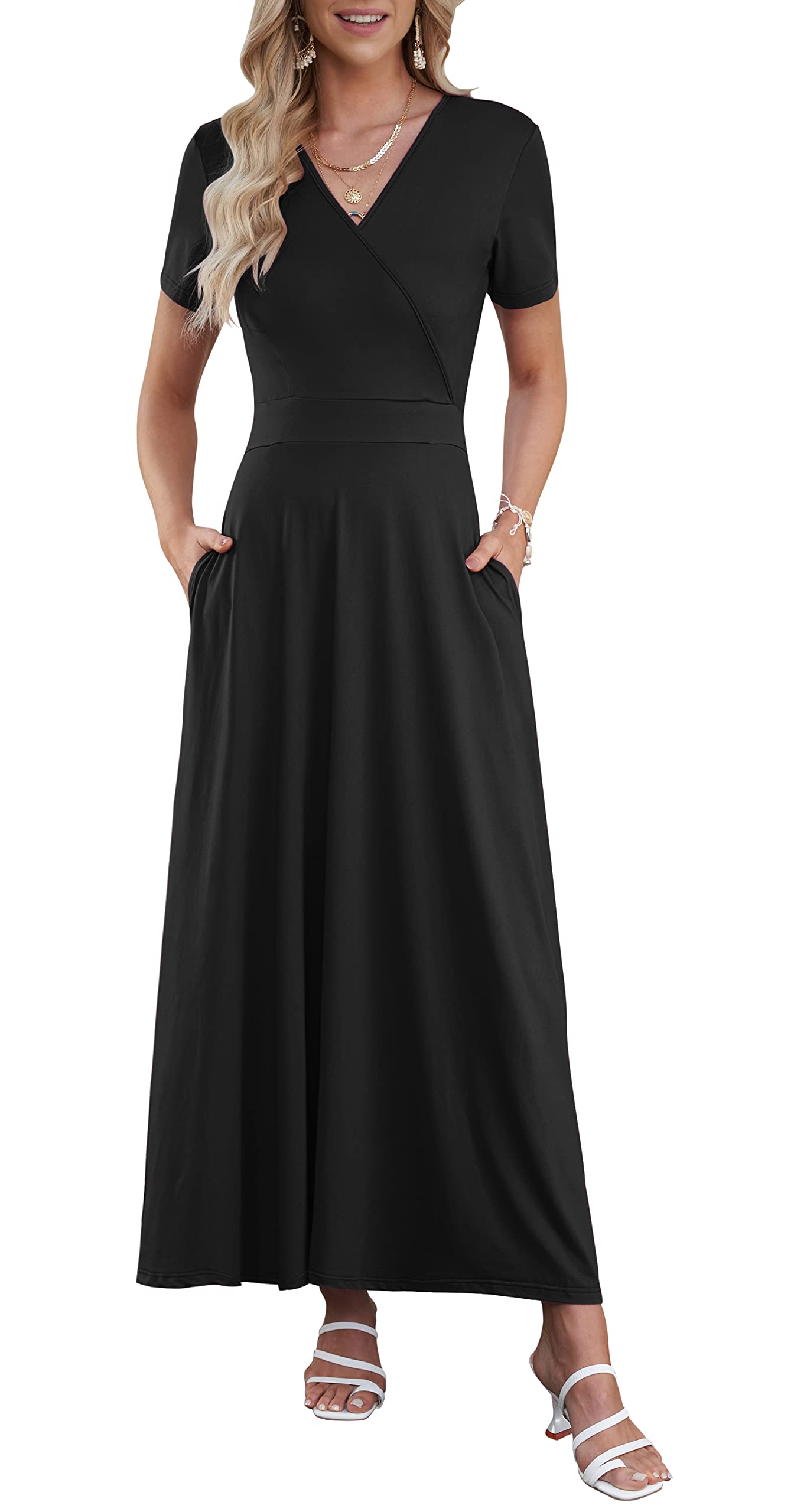 AUSELILY Maxi Dresses for Women Ankle Length Floral Print Beach Long Flowy Dress with Pockets