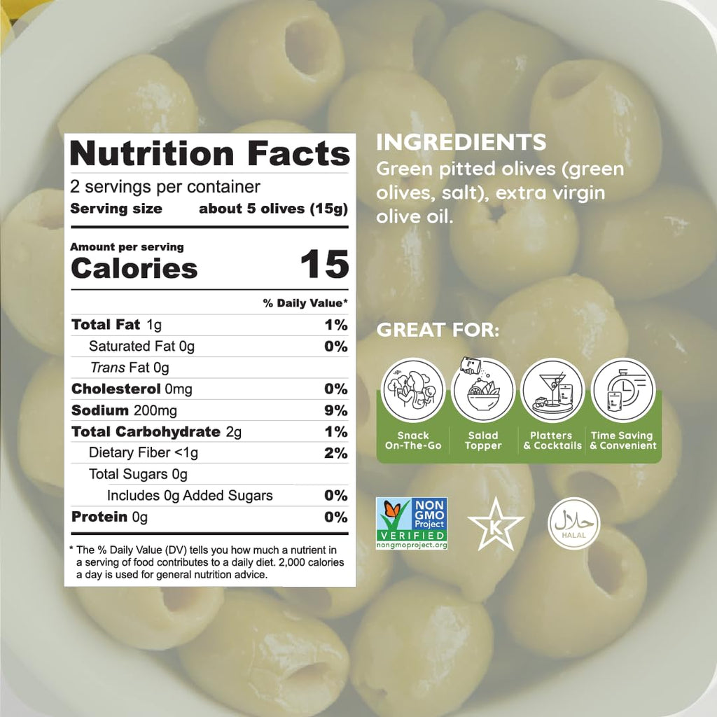 POSHI Green Pitted Olives - Basil & Garlic | Vegan, Kosher, Gluten Free + Keto Friendly, Fresh, Low Calorie Healthy Snacks | (30 Pack, 1.1oz Bags)
