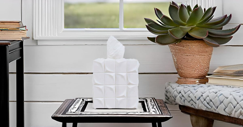 Hymmah Square Tissue Box Cover Holder with Tray,Unique Cube Design Tissue Dispenser Cover Decor for Vanity Counter Tops Also Great for Bedroom and Living Room