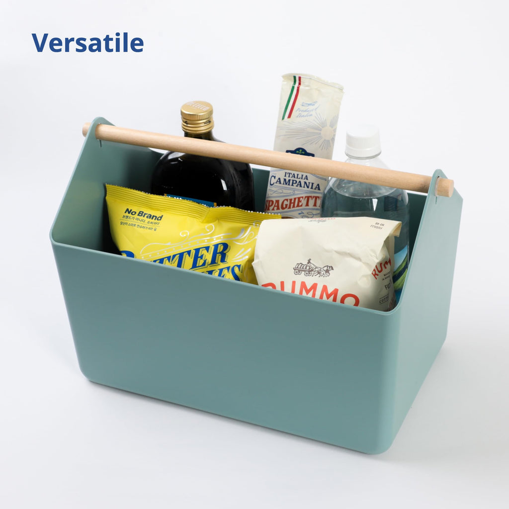 BLUE GINKGO Medium Storage Basket – Plastic Caddy with Wooden Handle for Office, Arts & Crafts, or Home Supplies (Green)