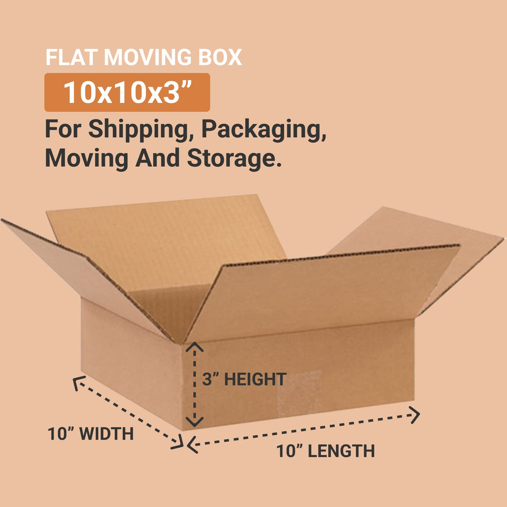 BOX USA 10103 Flat Corrugated Cardboard Box 10" L x 10" W x 3" H, Kraft, For Shipping, Packing and Moving (Pack of 25)