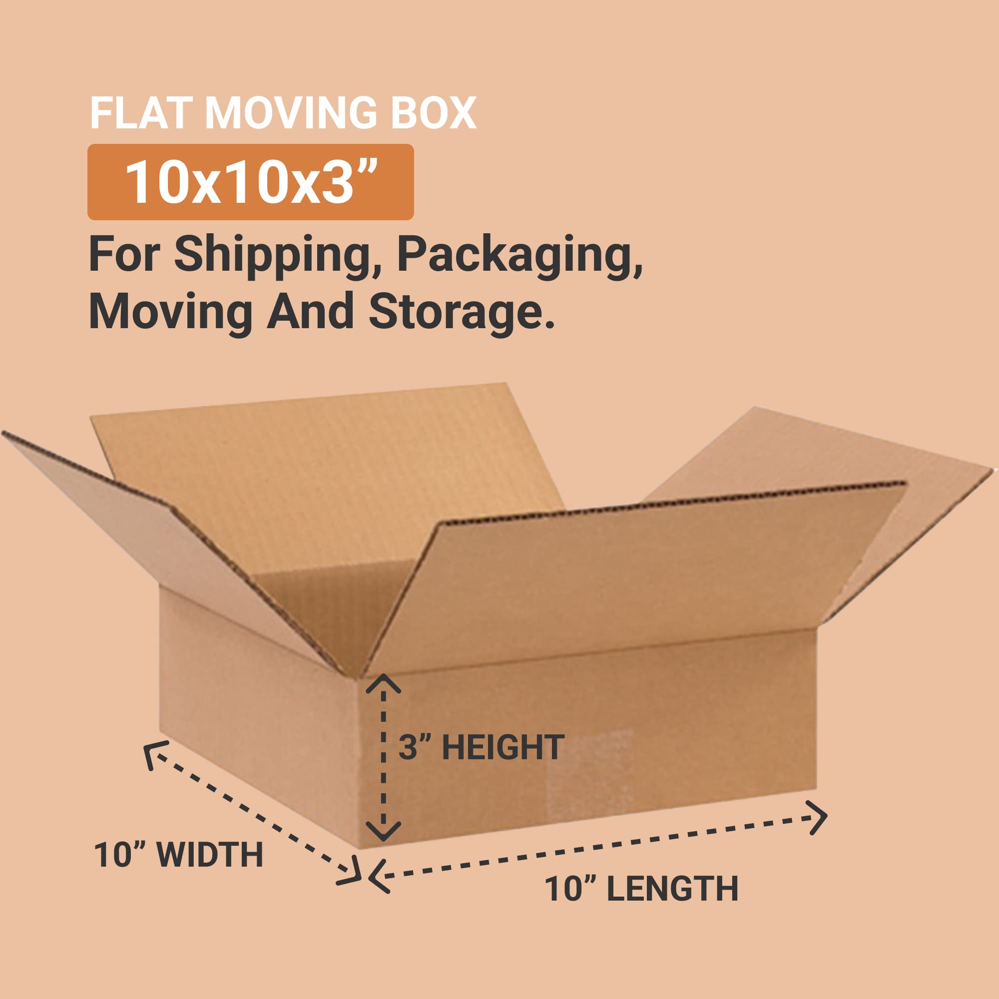 BOX USA 10103 Flat Corrugated Cardboard Box 10" L x 10" W x 3" H, Kraft, For Shipping, Packing and Moving (Pack of 25)