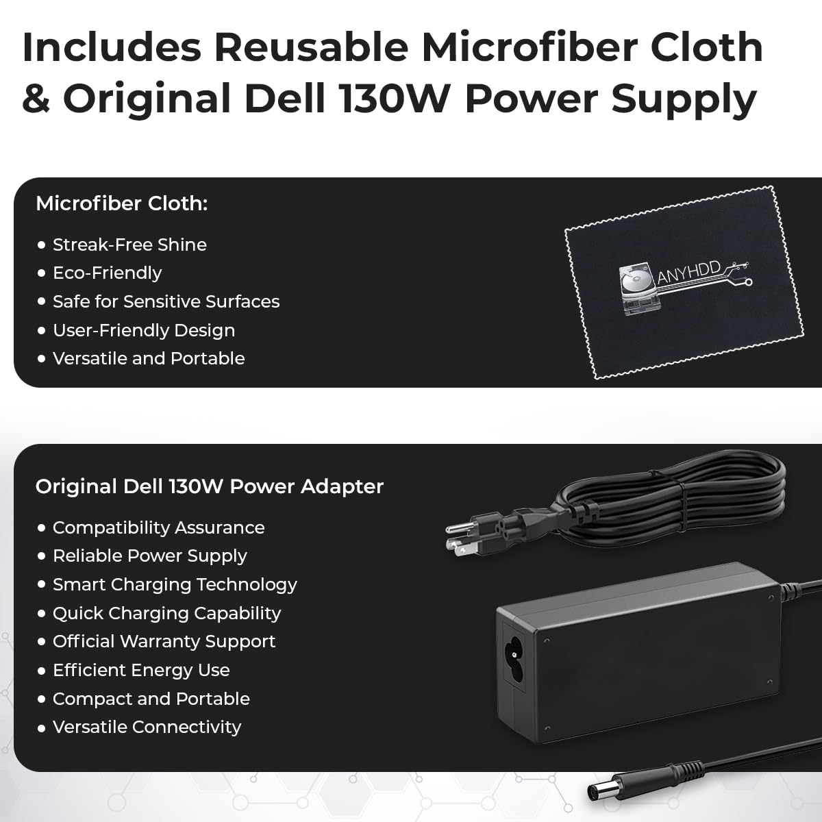 Dell WD19S Docking Station 130W (90W Power Delivery) - Dell Docking Station Dual Monitor for Laptop with 130W Power Adapter + Anyhdd HDMI Cable + DisplayPort Cable + USB-C Cable + Microfiber Cloth