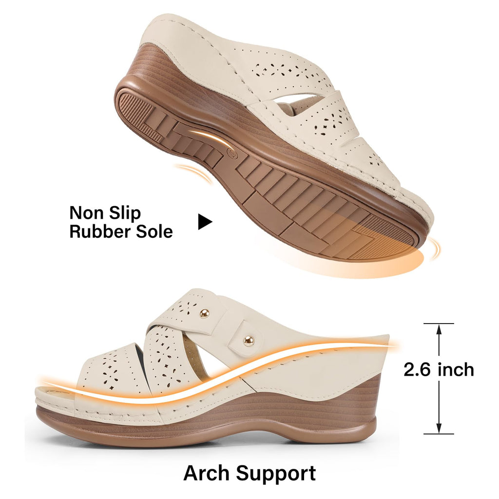 TEMOFON Wedge Sandals for Women Summer: Dressy Low Heel Sandals Black/Navy/White, Comfortable Walking, Arch support, Casual Slip on Summer Shoes, Size 5-11