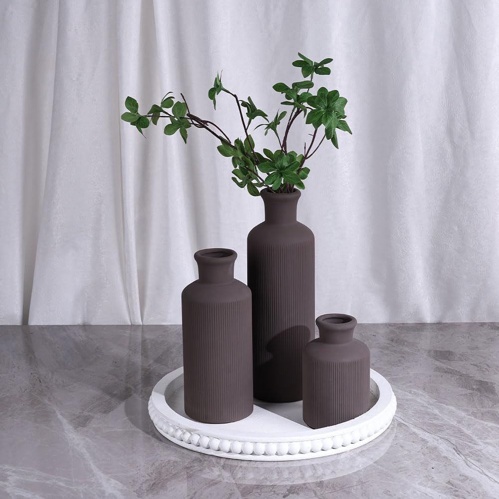Ceramic Vase Set - 3 Ceramic Small Vases, Farmhouse Country Flower Vase Home Decor, Living Room Decoration, Table Decoration, Fireplace Decor, and Entrance Decorations Centerpieces