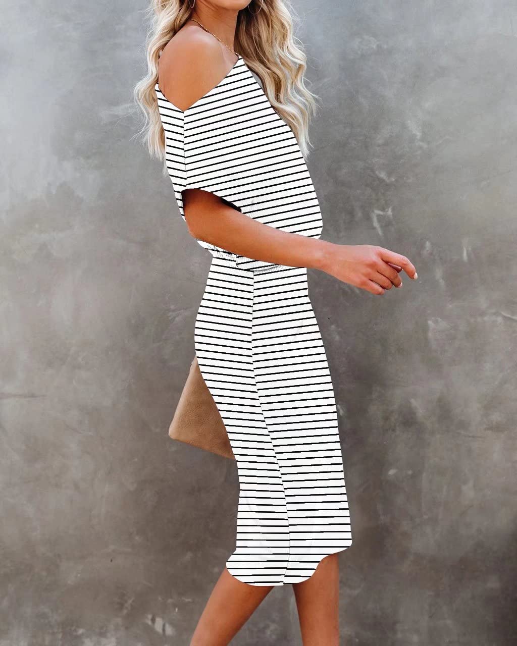 EZBELLE Women's Summer Dress Off The Shoulder Short Sleeve Ribbed Casual Party Bodycon Midi Dresses