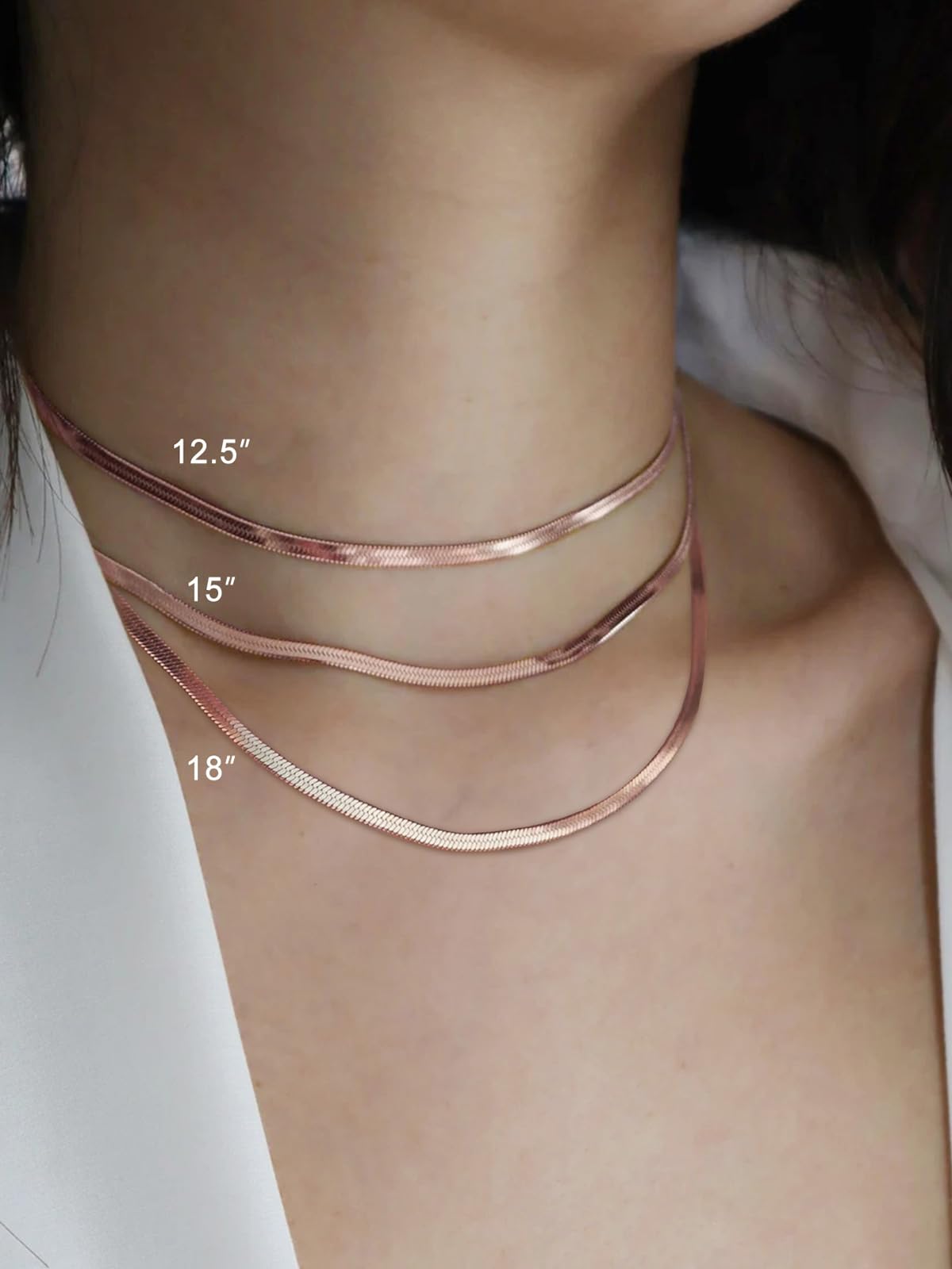 FOCALOOK 14K Gold Plated Necklaces for Women, Fashion Herringbone Choker Necklace Stainless Steel Flat Snake Chain 3/5MM(W) 12.5"/15"/18"+3.5"(L)
