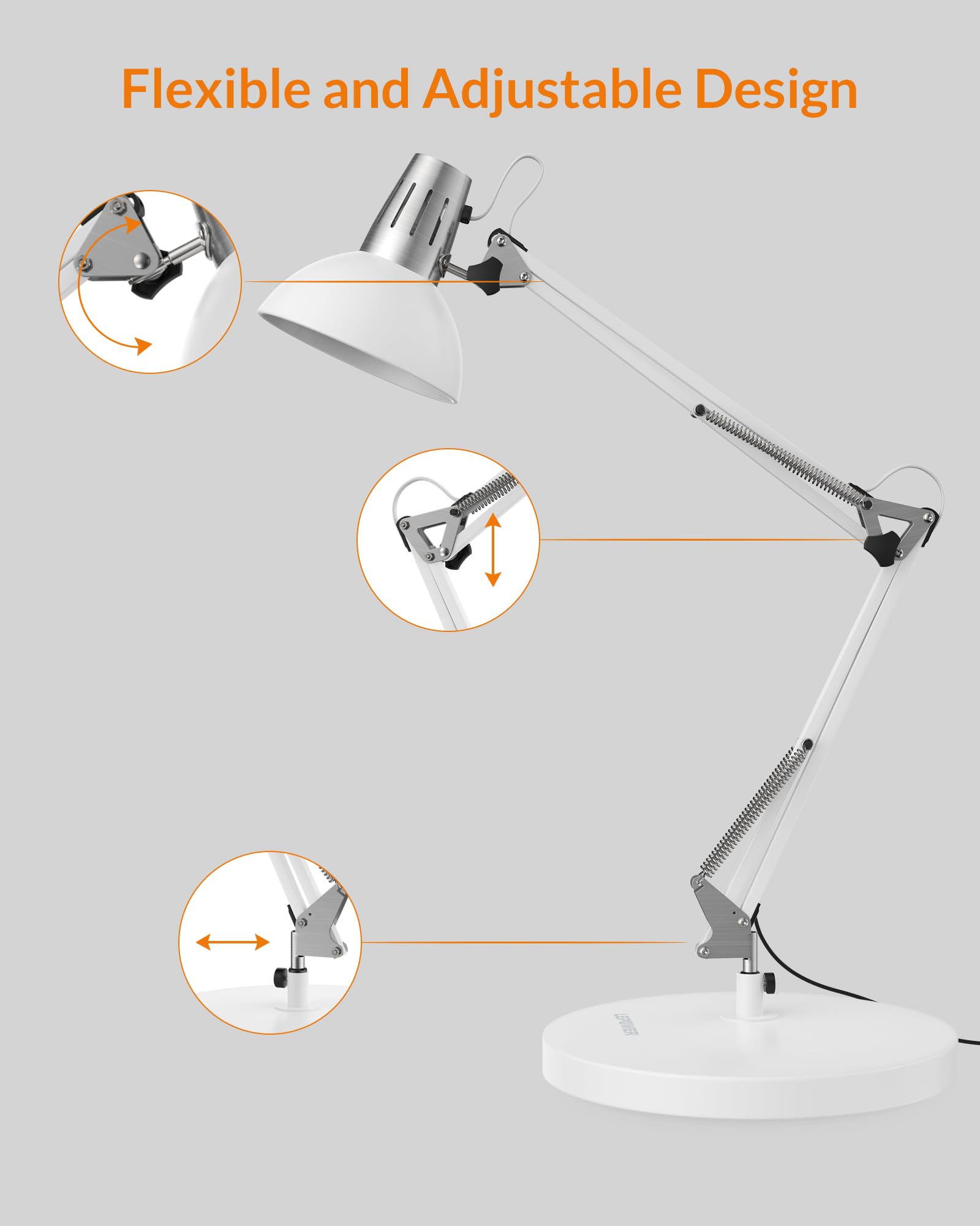 LEPOWER Metal Desk Lamp, Adjustable Goose Neck Architect Table Lamp with On/Off Switch, Swing Arm Desk Lamp with Clamp, Eye-Caring Reading Lamp for Bedroom, Study Room &Office (Sandy Black)