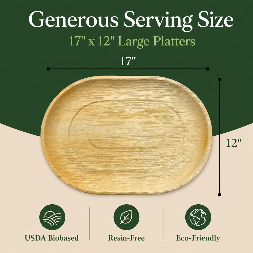 Charity Leaf Disposable Palm Leaf 17" x 12" Trays (10 pieces) Bamboo Like Serving Platters, Disposable Boards, Eco-Friendly Dinnerware For Weddings, Catering, Events