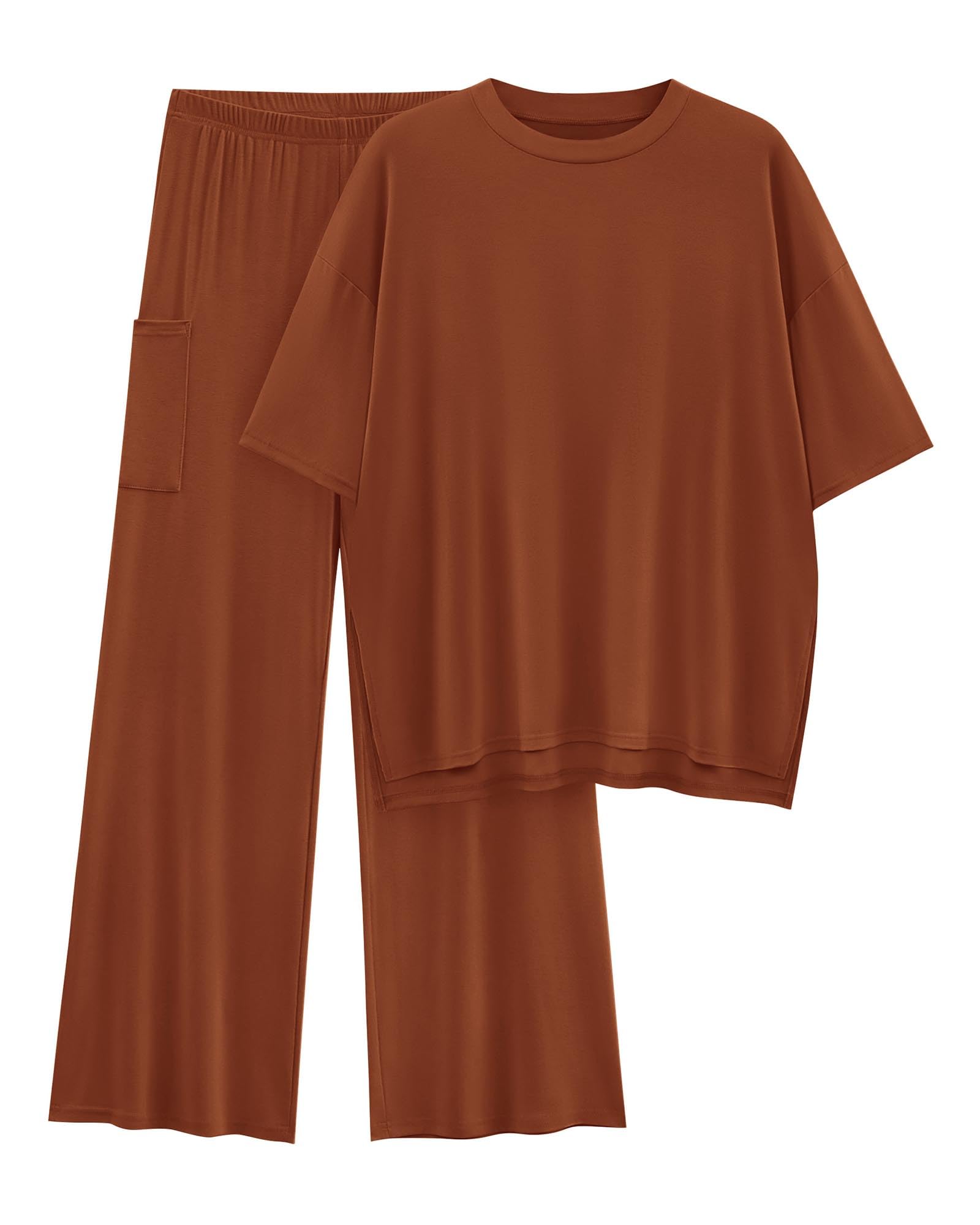 KIRUNDO 2 Piece Lounge Sets for Women Airport Travel Vacation Outfits Summer Casual Loose Short Sleeve Tops & Wide Leg Pants