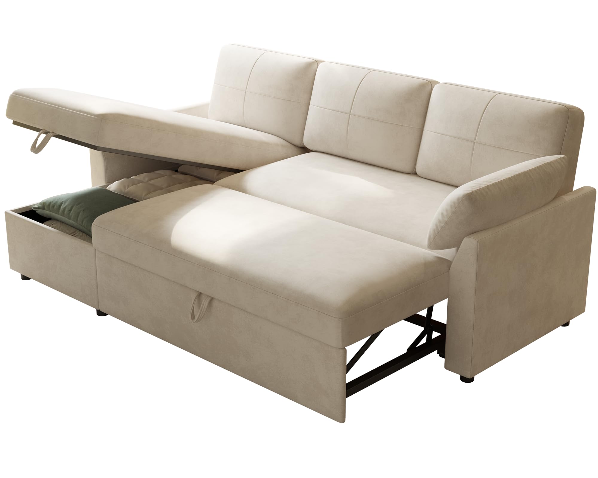 PaPaJet Sofa Bed, Sleeper Sofa with Storage Chaise, L Shaped Sofa with Pull Out Bed, Oversized Sofas for Living Room, Beige