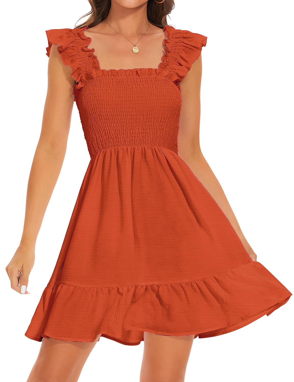 ROYLAMP Women's Smocked Dresses Square Neck Elegant Tiered Boho Ruffle Shoulder Swing Flowy Summer Casual Mini Dress