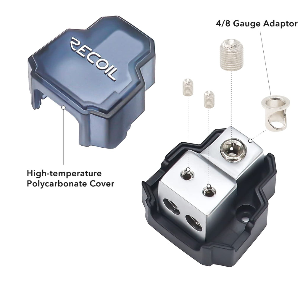 RECOIL DB12 2 Way Power Distribution Block, 1 X 0/2/4 Gauge in / 2 X 4/8 Gauge Out Power Distribution Ground Distributor Block for Car Audio Amplifier Splitter