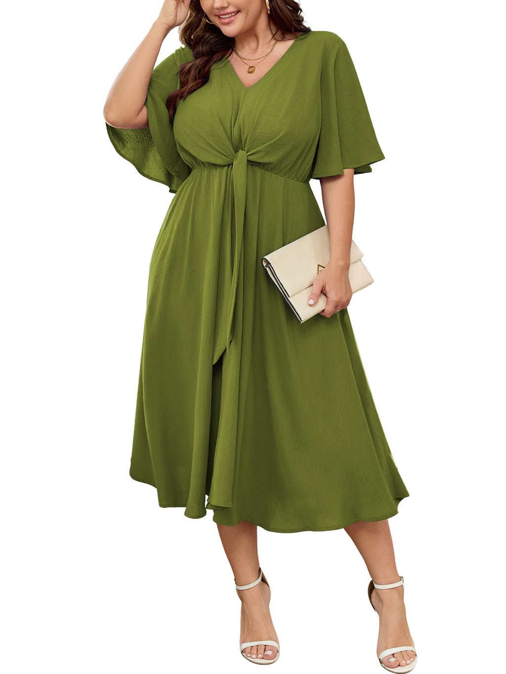 SCOMCHIC Women Plus Size Midi Dresses Wedding Guest Short Sleeve V Neck Tie Waist Casual Summer Flowy A Line Dress