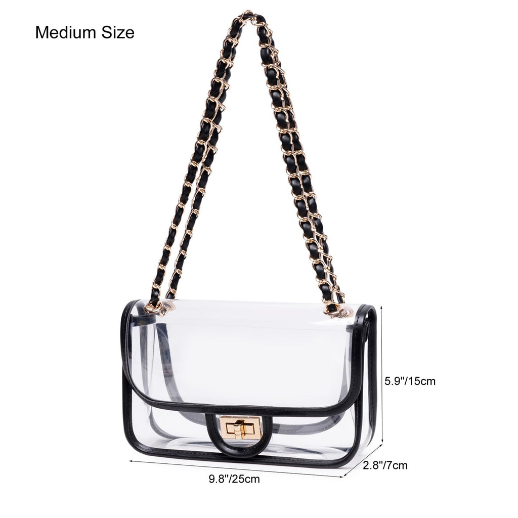 Womens PVC Clear Purse Handbag with Chain Stadium Approved Clear Bag See Through Bag for Working and Concert