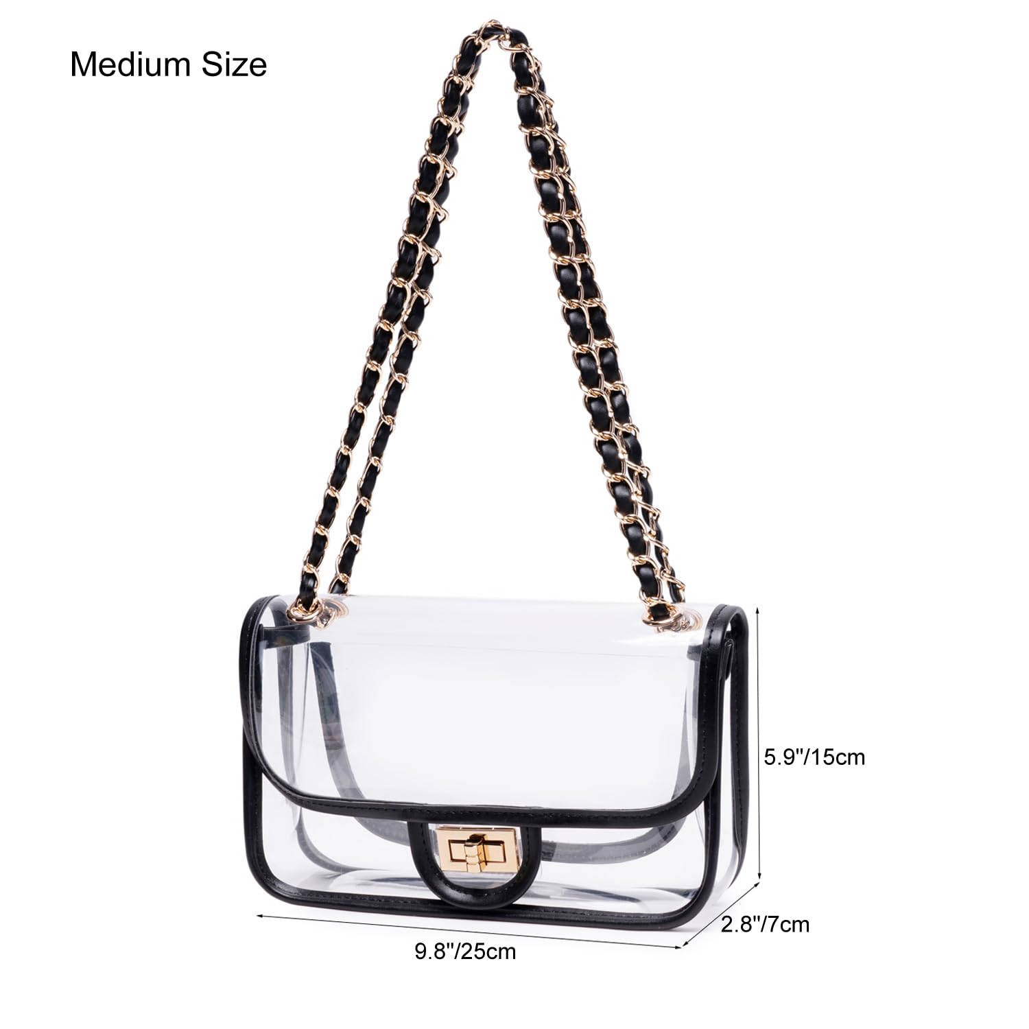 Womens PVC Clear Purse Handbag with Chain Stadium Approved Clear Bag See Through Bag for Working and Concert