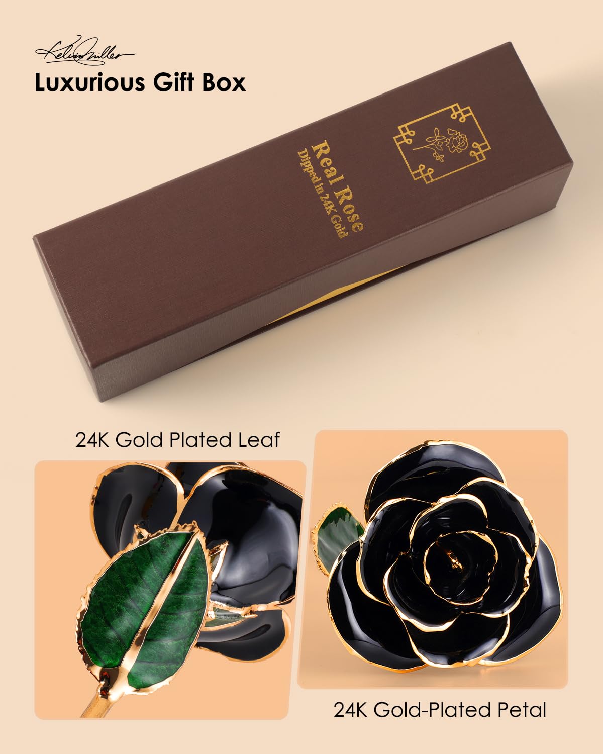 24K Gold Dipped Real Rose – Handcrafted, Bold, One of a Kind – Romantic Gift for Her – Ideal for Birthday, Anniversary, Mother’s Day, Valentine’s (Black)
