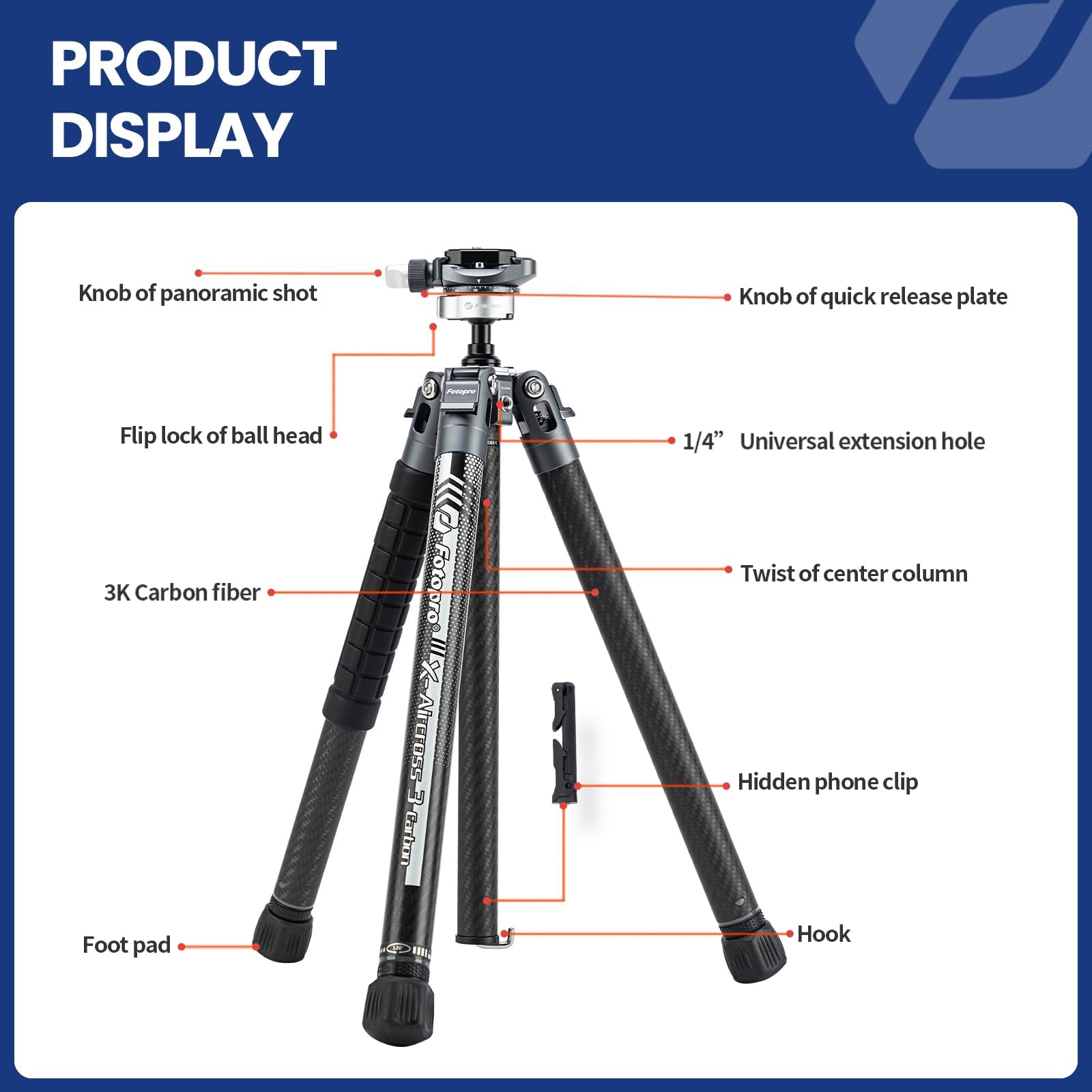 Fotopro 60" Camera Tripod, Carbon Fiber Travel Tripod with 360° Ball Head, Ultralight 2.1lbs, 22lbs Load, Quick Lock, Folds to 14.3" Carry-On, for DSLR Mirrorless Cameras, X-Aircross 3 Blue