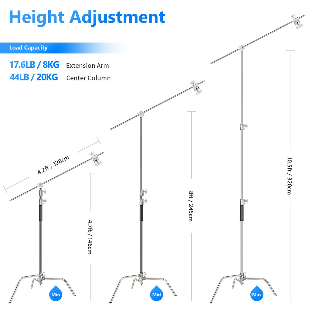 NEEWER Pro 100% Stainless Steel Heavy Duty C Stand with Boom Arm, Max Height 68"/172cm Photography Light Stand with 2.7ft/83cm Holding Arm, 2 Grip Head for Studio Monolight, Softbox, Reflector, SC172