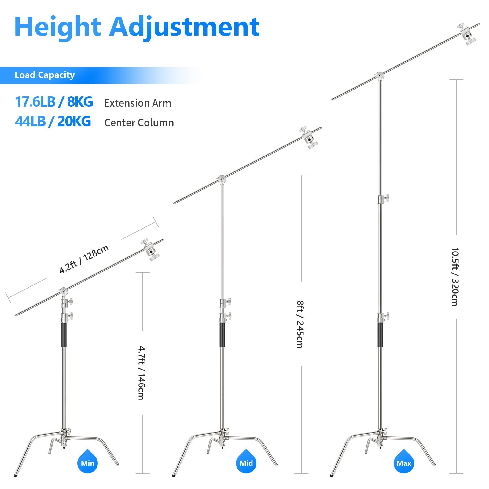 NEEWER Pro 100% Stainless Steel Heavy Duty C Stand with Boom Arm, Max Height 68"/172cm Photography Light Stand with 2.7ft/83cm Holding Arm, 2 Grip Head for Studio Monolight, Softbox, Reflector, SC172
