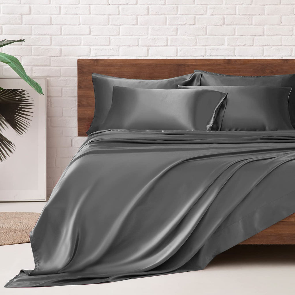 MR&HM Satin Sheets with Elastic Corner Straps, Twin Size 3-Piece Silky Bedding Set, Deep Pocket 15 Inches, Good for Hair & Skin (Twin, Black)