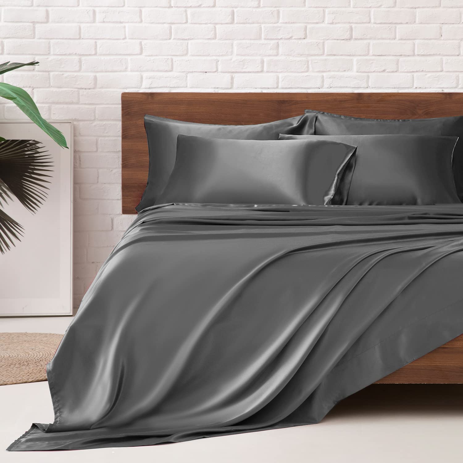 MR&HM Satin Sheets with Elastic Corner Straps, Twin Size 3-Piece Silky Bedding Set, Deep Pocket 15 Inches, Good for Hair & Skin (Twin, Black)