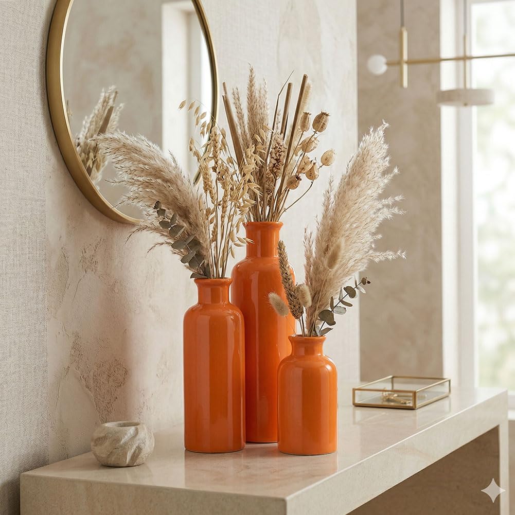 Ceramic Vase Set - 3 Ceramic Small Vases, Farmhouse Country Flower Vase Home Decor, Living Room Decoration, Table Decoration, Fireplace Decor, and Entrance Decorations Centerpieces