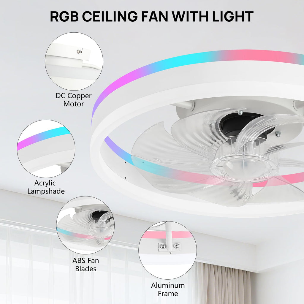 16 Inch RGB Low Profile Ceiling Fans with Lights, Modern Flush Mount Fandelier Chandelier Fixture, Remote & APP Control, Black LED Ceiling Fan Light for Bedroom, Living Room, Kitchen Indoor