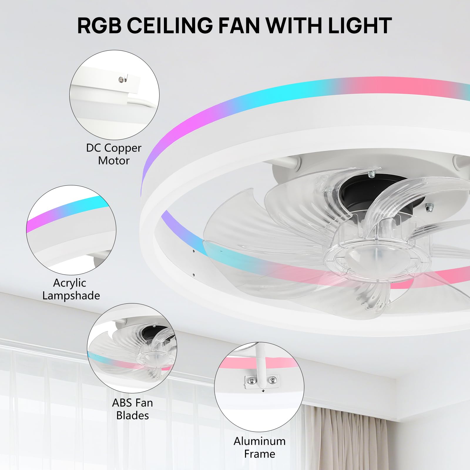 16 Inch RGB Low Profile Ceiling Fans with Lights, Modern Flush Mount Fandelier Chandelier Fixture, Remote & APP Control, Black LED Ceiling Fan Light for Bedroom, Living Room, Kitchen Indoor