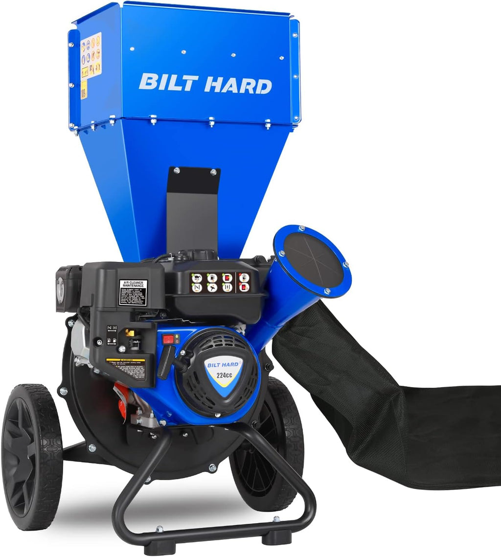 BILT HARD Wood Chippers Gas Powered - 7.5 HP 224cc Gas Powered Shredder, 2 in 1 Multi-Function Heavy Duty, 3" Max Wood Diameter Capacity with Collection Bag