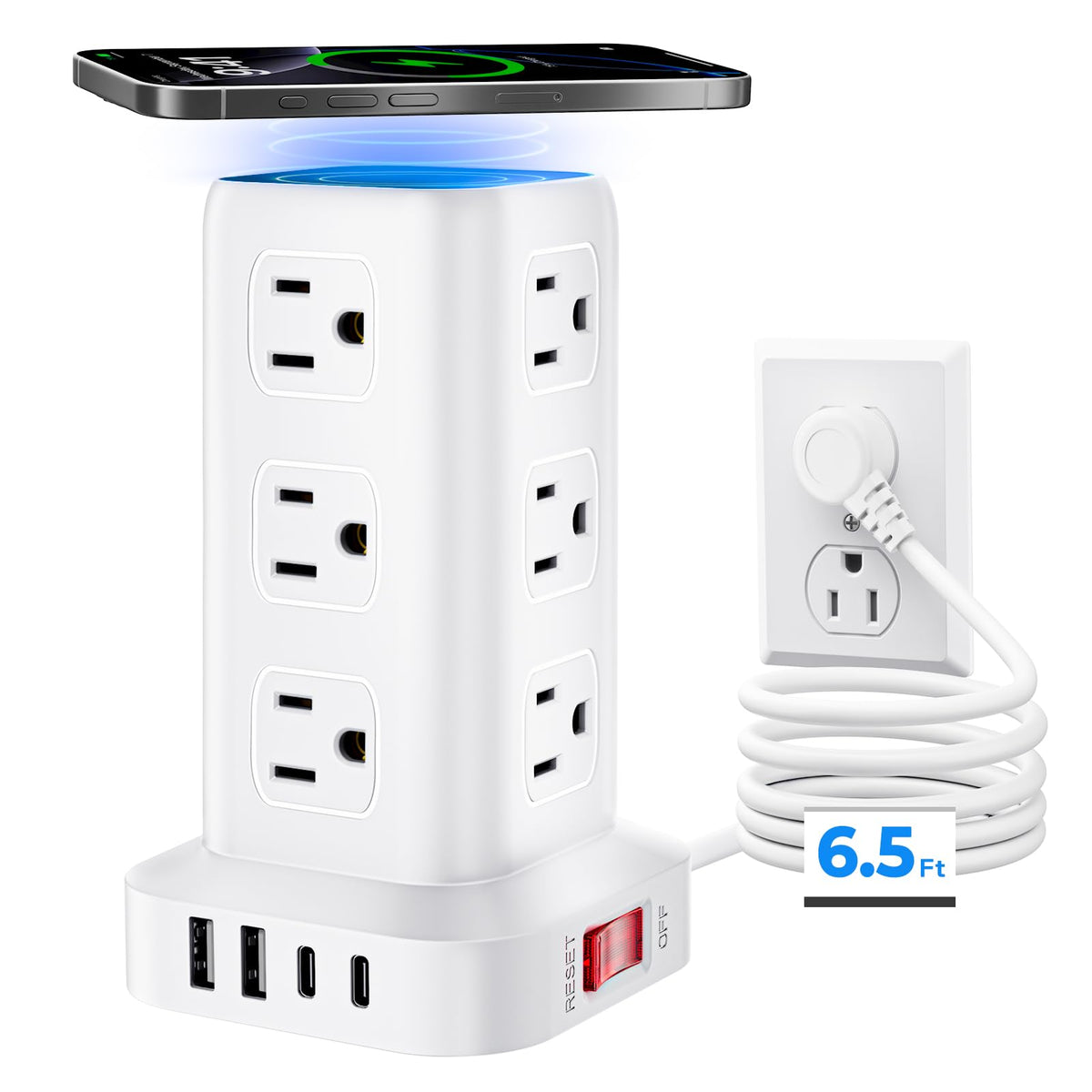Tower Surge Protector Power Strip with 12 Outlets 4 USB (1 USB C), 6.5Feet Extension Cord with Multiple Outlets, Charging Station, Power Strip Tower, Office Desk Supplies