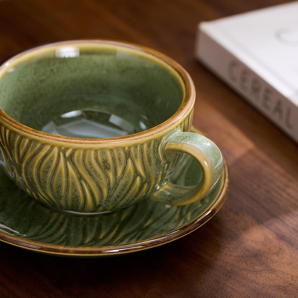 Coffeezone Vintage Design 12 oz Ceramic Latte Art Cappuccino Barista Cup with Saucer (Beige)