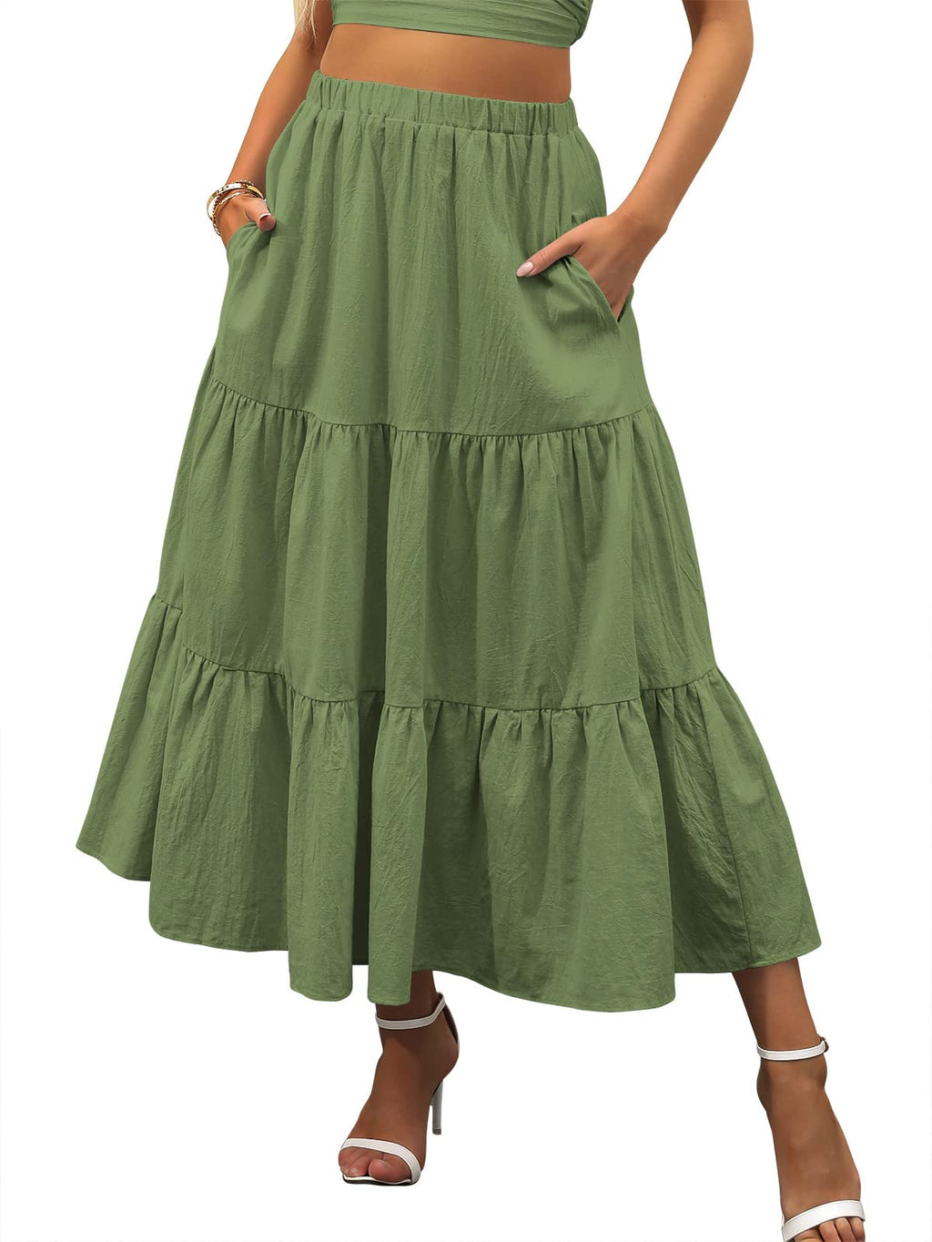 ANRABESS Women’s Summer Boho Flowy Swing Tiered A-Line Maxi Skirt 2026 Fashion Trendy Elastic Waist Pleated Long Beach Dress