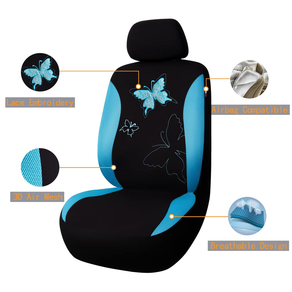 Flying Banner Butterfly car seat Covers ful Set Fashion Universal Lady Woman Female Rear Bench Split Colorized (2 Fronts, Mint Blue)