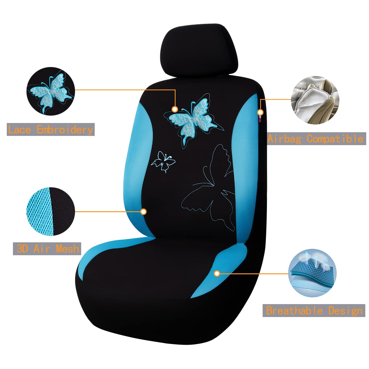 Flying Banner Butterfly car seat Covers ful Set Fashion Universal Lady Woman Female Rear Bench Split Colorized (2 Fronts, Mint Blue)