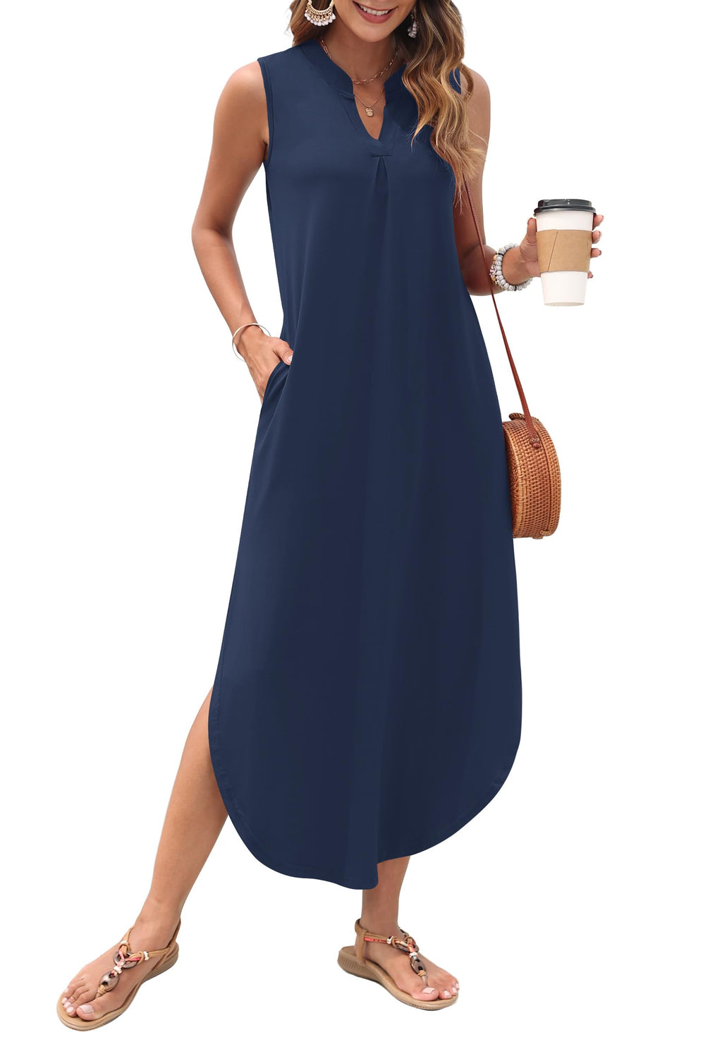 AUSELILY Womens Summer Casual Maxi Dresses 2026 Sleeveless Long Beach Dresses V Neck Loose Sundresses with Side Split Pockets