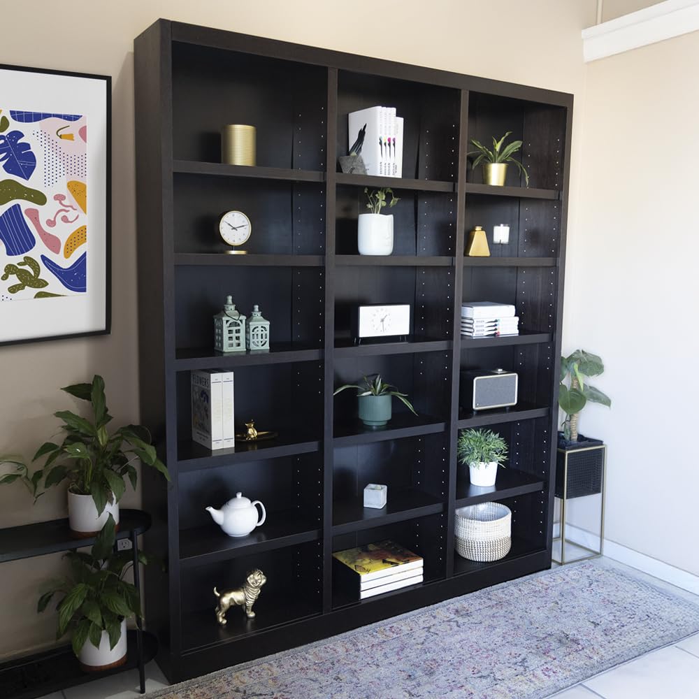 Concepts In Wood 84" Traditional Triple Wide Wood Bookcase with 15 Adjustable Shelves & 3 Fixed Shelves, Assembly Required, for Laundry/Bedroom/Kitchen/Garage/Office, in Cherry Finish