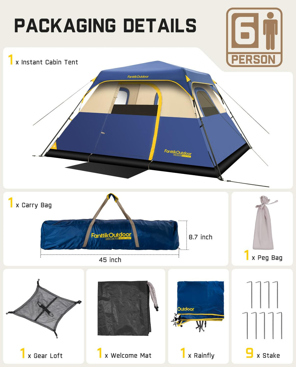 FanttikOutdoor Camping Tent 4/6/8/10 Person Instant Cabin Tent Setup in 60 Seconds with Rainfly & Windproof Portable with Carry Bag for Family Camping & Hiking, Upgraded Ventilation, Navy Blue