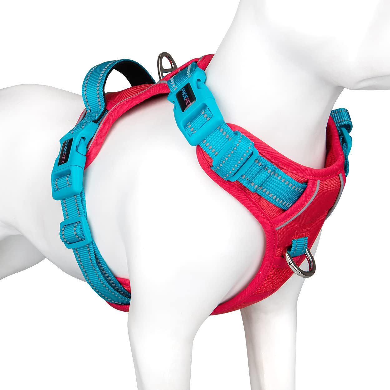 PHOEPET No Pull Dog Harness, Unique Colors Reflective Adjustable Dog Vest, with Soft Training Handle Metal Clips for Small Medium Large Dogs (Baby Blue Base & Pink Straps,S)