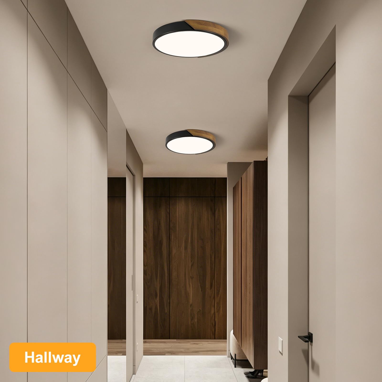 Modern LED Ceiling Light, Minimalist Wood Dimmable Flush Mount Ceiling Light Fixture, Round 5CCT Lighting Lamp with Acrylic Lampshade for Bedroom Hallway Kitchen Laundry, Black 11.8"