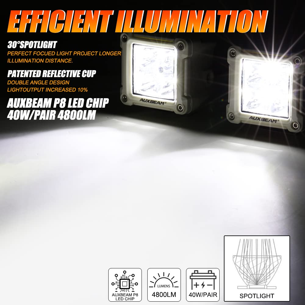 Auxbeam FA Series 3 Inch LED Cubes with DRL 2 Modes Spot Beam Offroad Lights 20W Driving Spotlights A-Pillar Ditch Lights for 4x4 Truck Car ATV Motorcycle, Pair