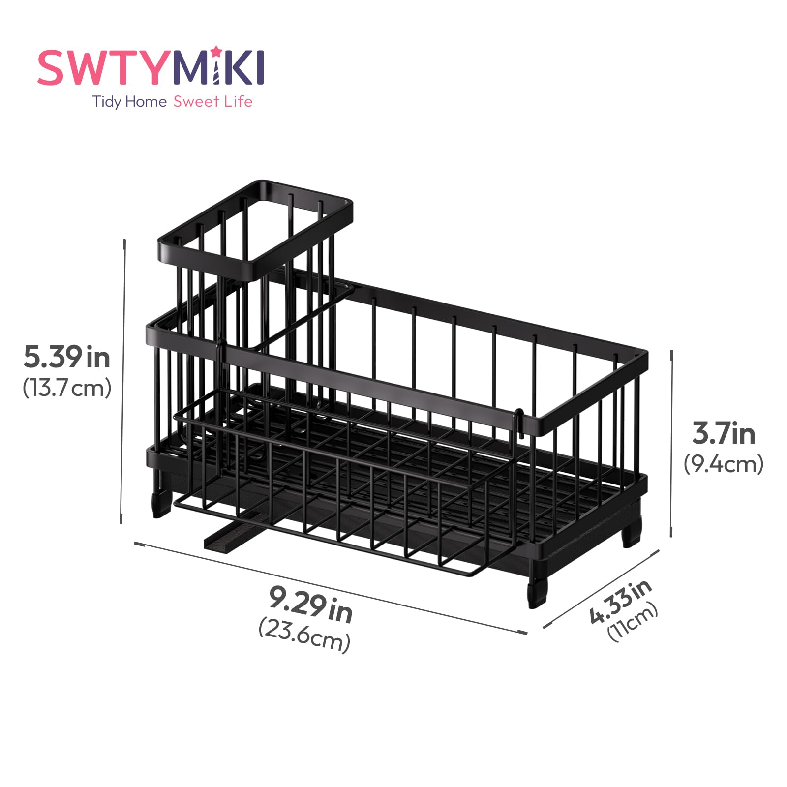 SWTYMIKI Sponge Holder for Kitchen Sink - Sink Caddy with Brush Holder Self-draining Sponge Caddy Organizer with Divider Stainless Steel Kitchen Accessories Storage for Countertop, Black