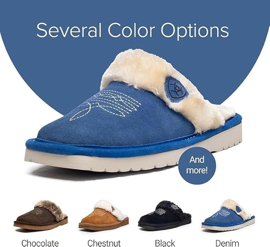 ARIAT Women's Jackie Square Toe Warm Soft Genuine Suede Leather Indoor Outdoor Slippers with Plush Collar