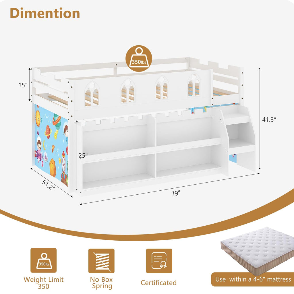 JOYMOR Low Loft Bed Twin Size with LED Lights, 4 Storage Shelves, Removable Curtain, Kids Wood Loft Bed with 15" H Safety Guardrail, Spave Saving, Mattress Not Included (Gray)