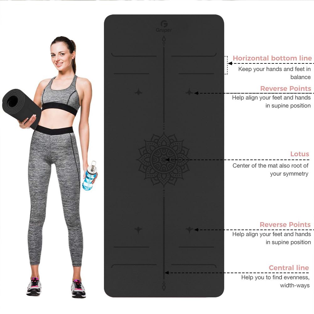 Gruper Yoga Mat Non Slip TPE Extra Wide Yoga Mat with Alignment Mark, 72"L x 32"W x 0.32"/0.24"Th (183cm x 80cm x 8mm/6mm), Anti-Tear Exercise Mat with Carrying Strap and Bag, Workout Mats for Yoga, Pilates