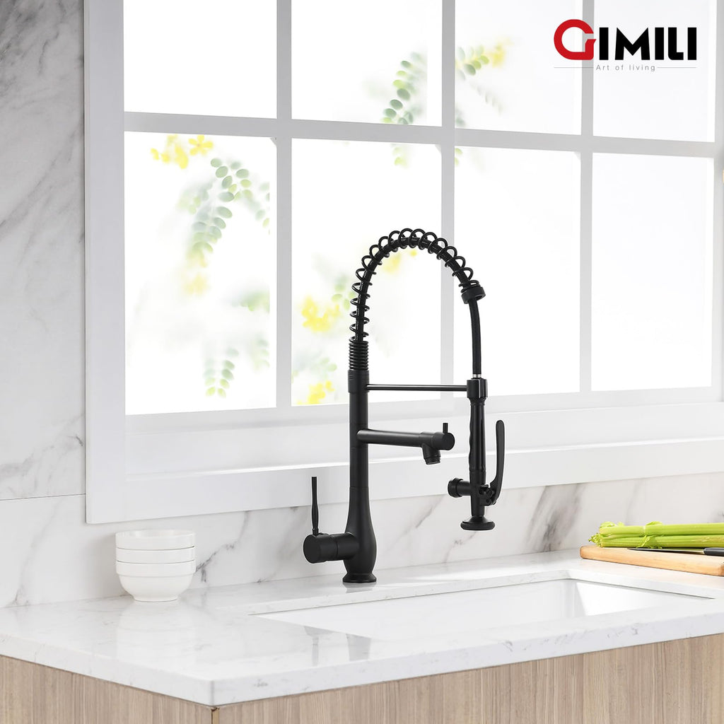 GIMILI Black and Gold Kitchen Faucet with Pull Down Sprayer Single Handle High Pressure Kitchen Sink Faucet Commercial Double-Headed Stainless Steel Kitchen Faucets